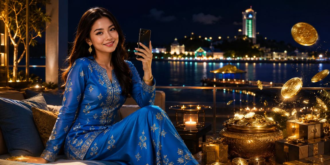 Pengguna Malaysia bermain kasino di telefon bimbit dengan baju kurung